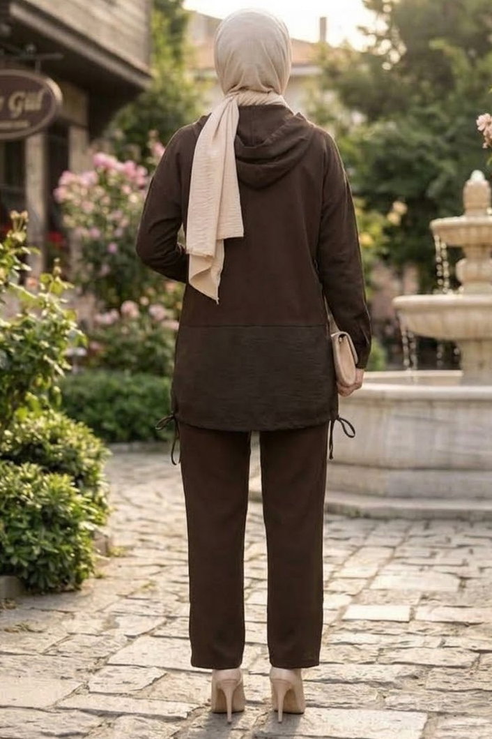 Düğme Detaylı Oysh Modal İkili Takım Kahve - 28960-KAHVE - 3