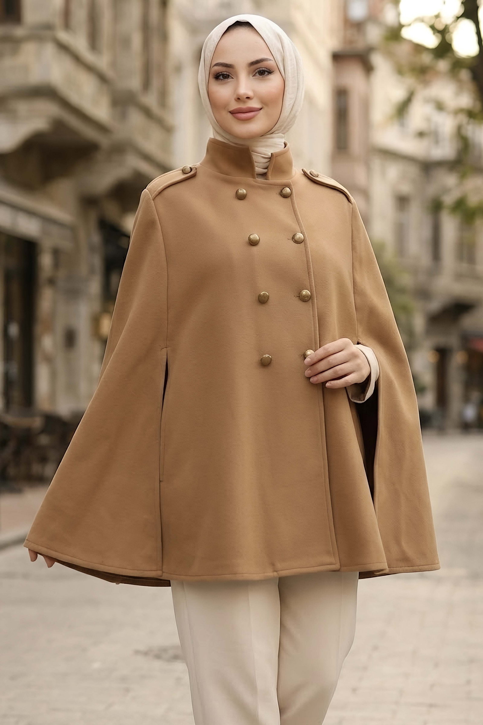 Düğme Detaylı Pelerin Panço Camel - 29197-CAMEL - 1