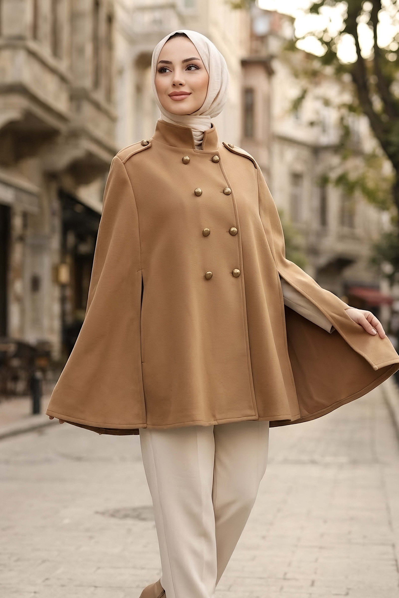 Düğme Detaylı Pelerin Panço Camel - 29197-CAMEL - 2