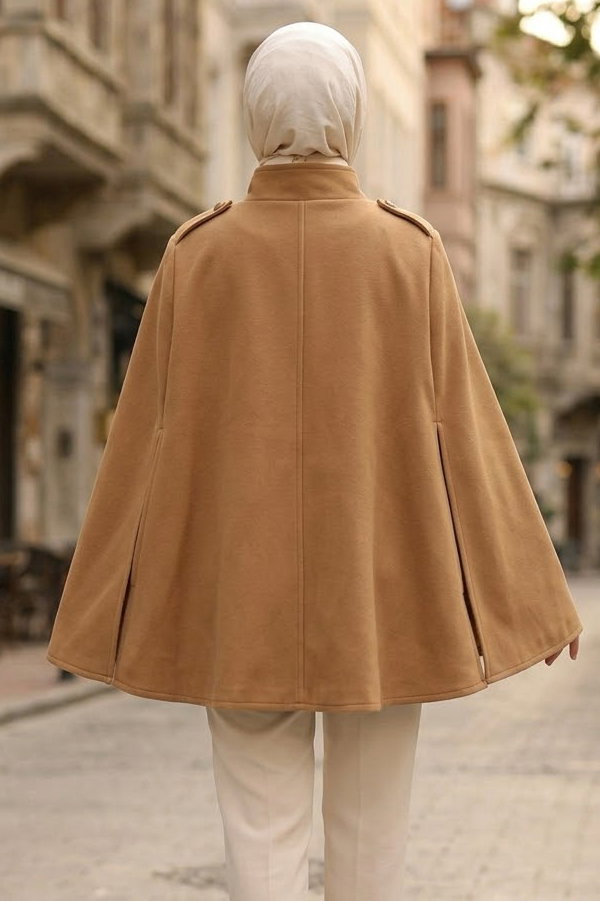 Düğme Detaylı Pelerin Panço Camel - 29197-CAMEL - 3