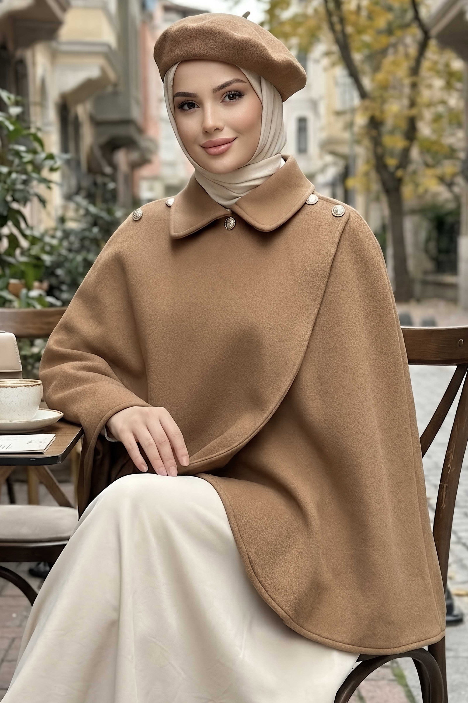 Düğme Detaylı Pelerin Panço Camel - 29199-CAMEL - 1