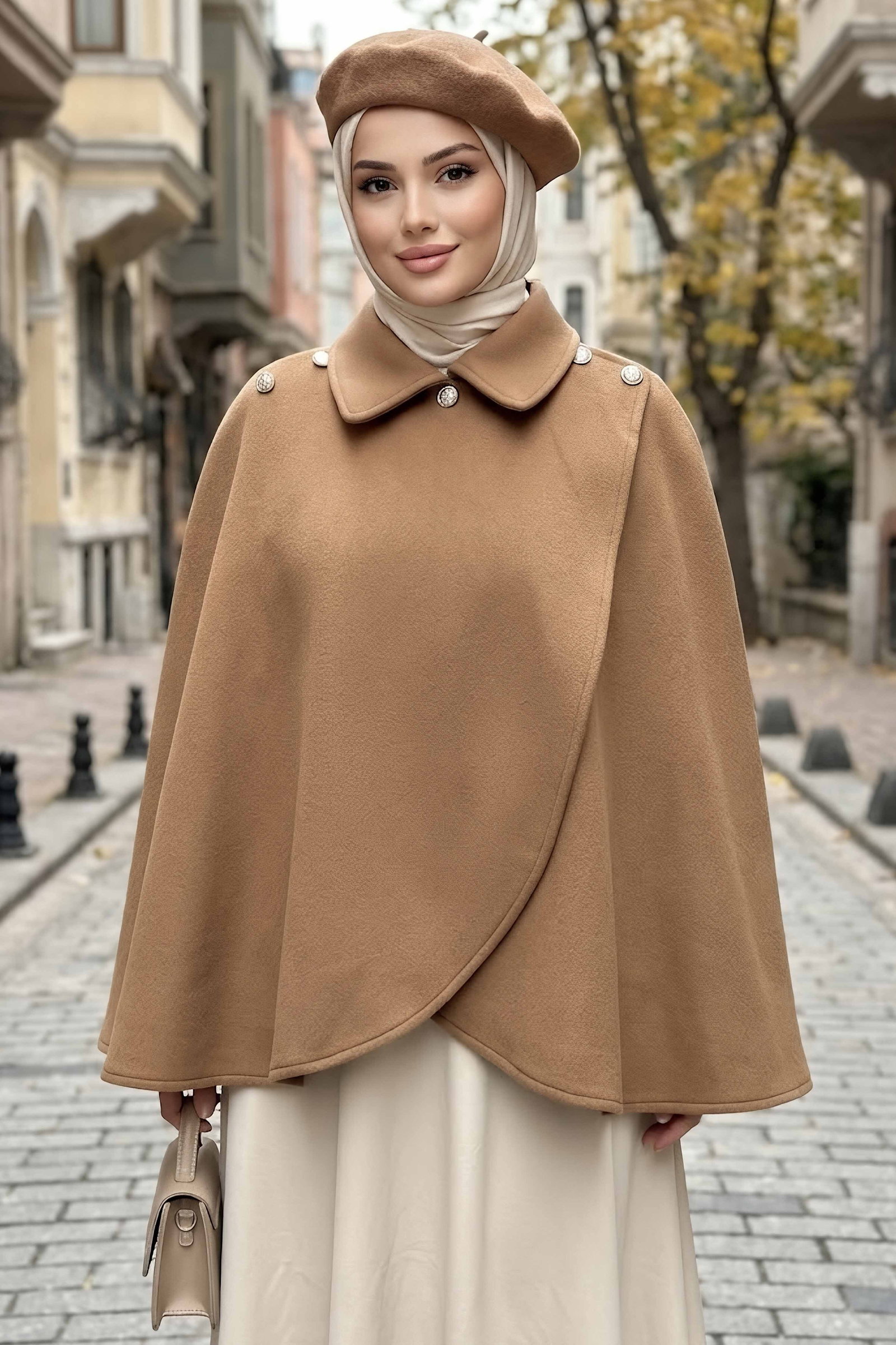Düğme Detaylı Pelerin Panço Camel - 29199-CAMEL - 2