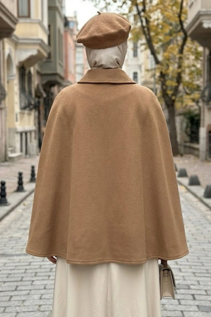 Düğme Detaylı Pelerin Panço Camel - 29199-CAMEL - 3