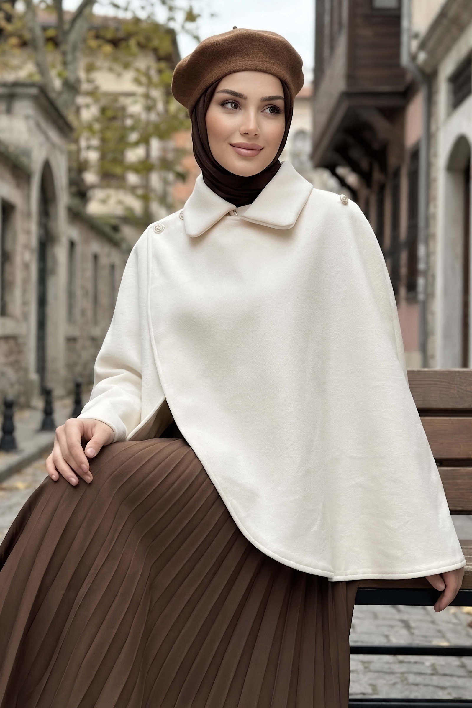 Düğme Detaylı Pelerin Panço Pudra - 29199-PUDRA - 1