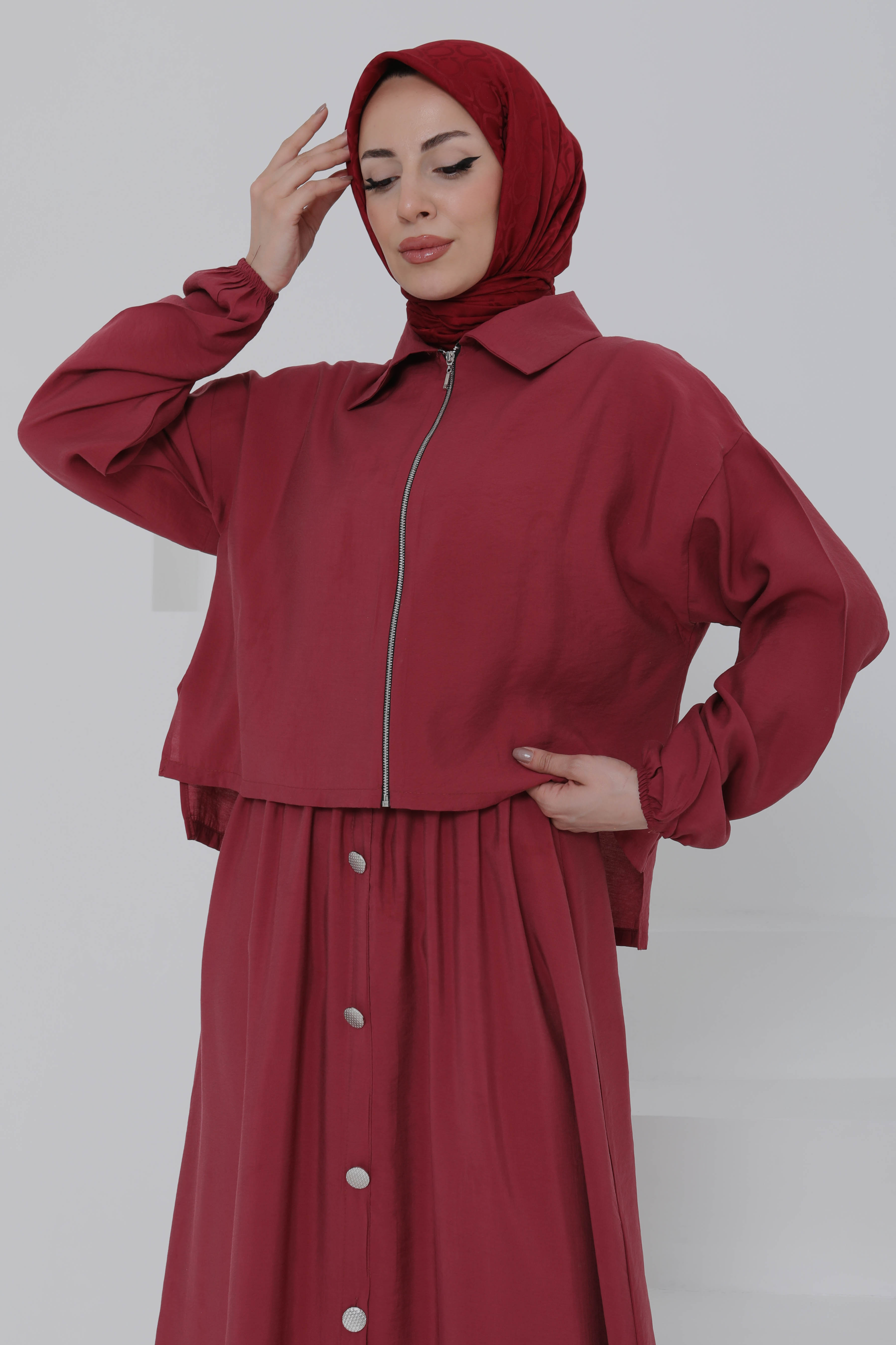 Düğme Detaylı Takım Bordo - 27010 - 2