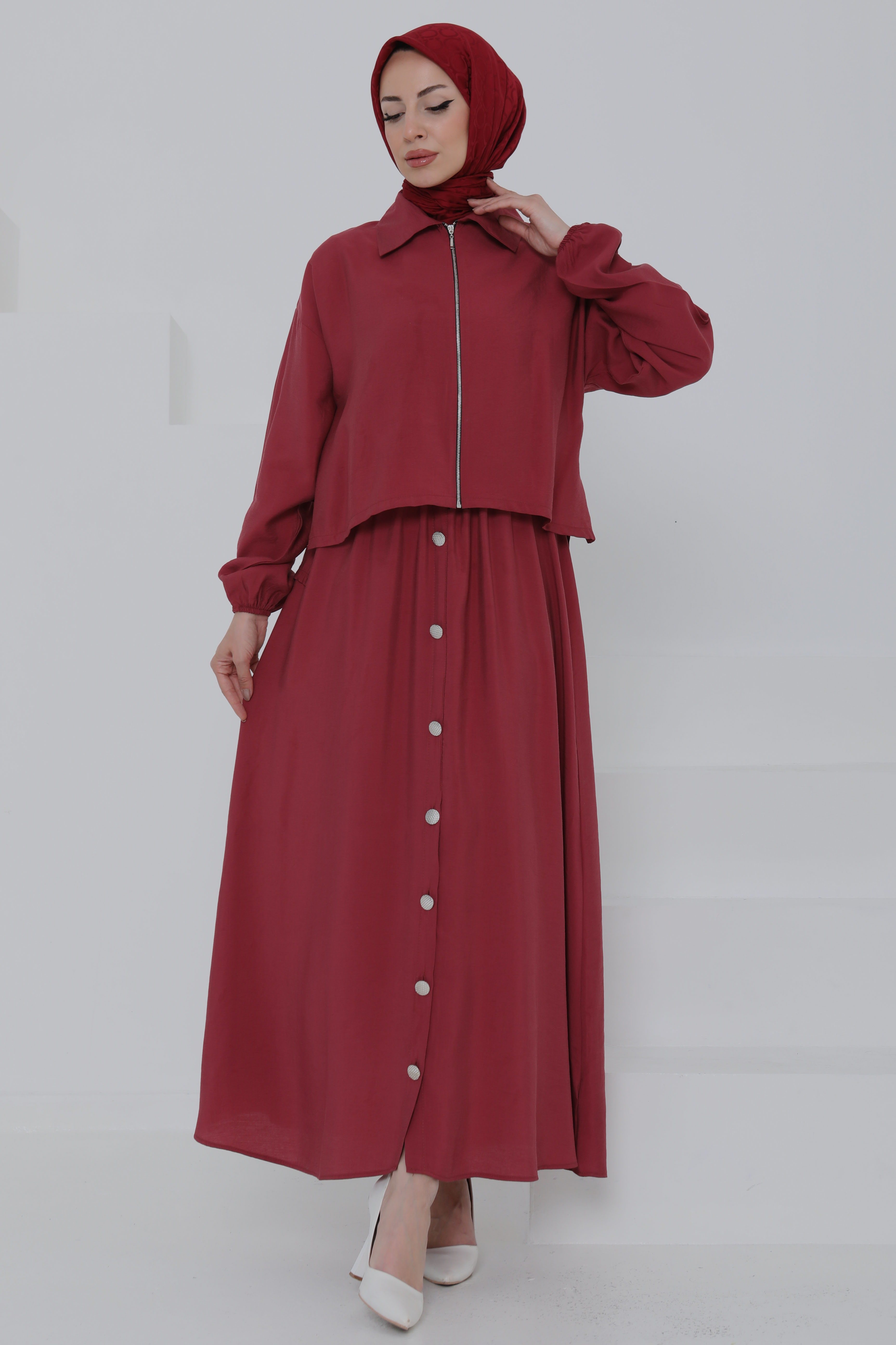 Düğme Detaylı Takım Bordo - 27010 - 3