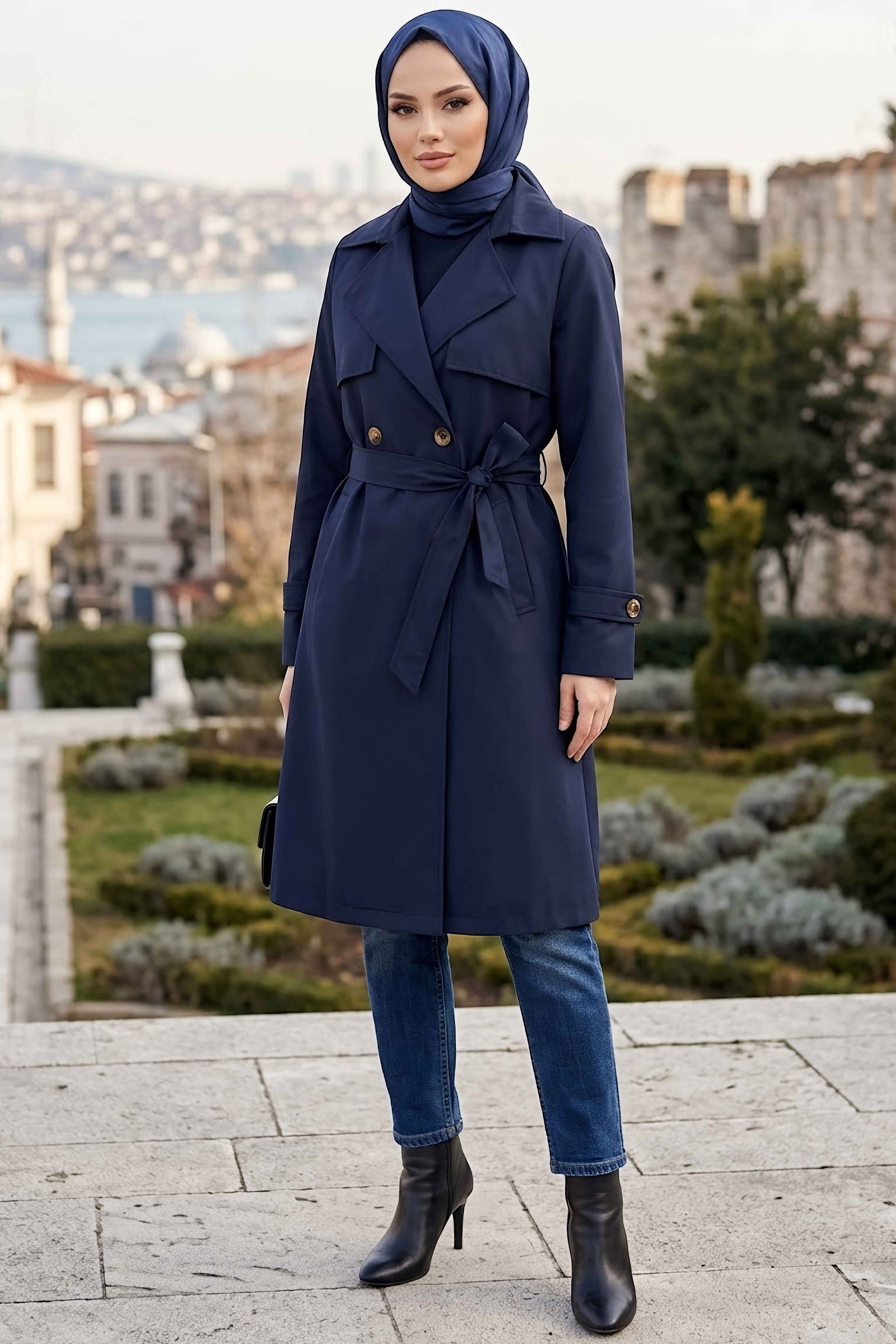 Düğme Detaylı Trenç Kap Lacivert - 28956-LACIVERT - 1