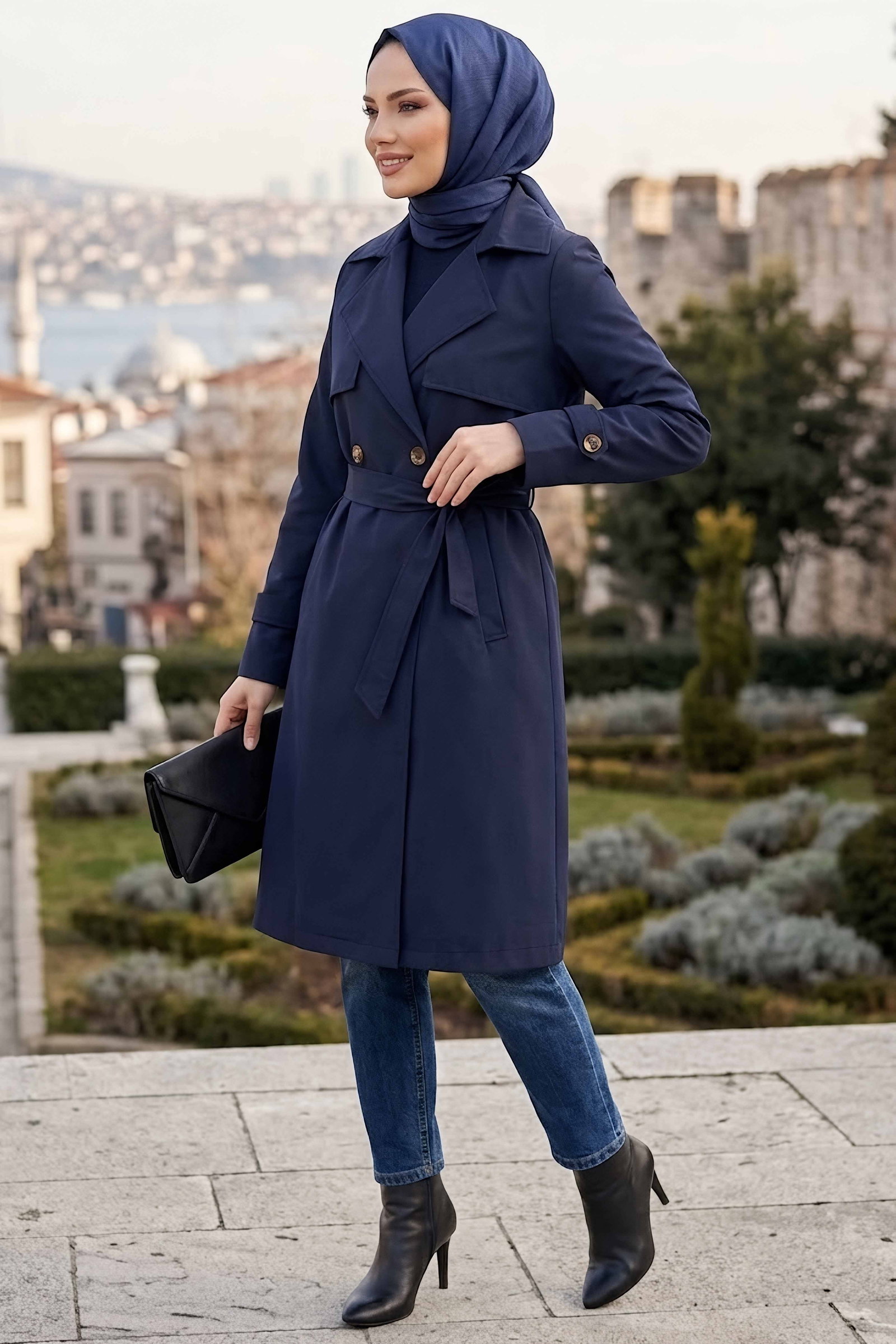 Düğme Detaylı Trenç Kap Lacivert - 28956-LACIVERT - 2