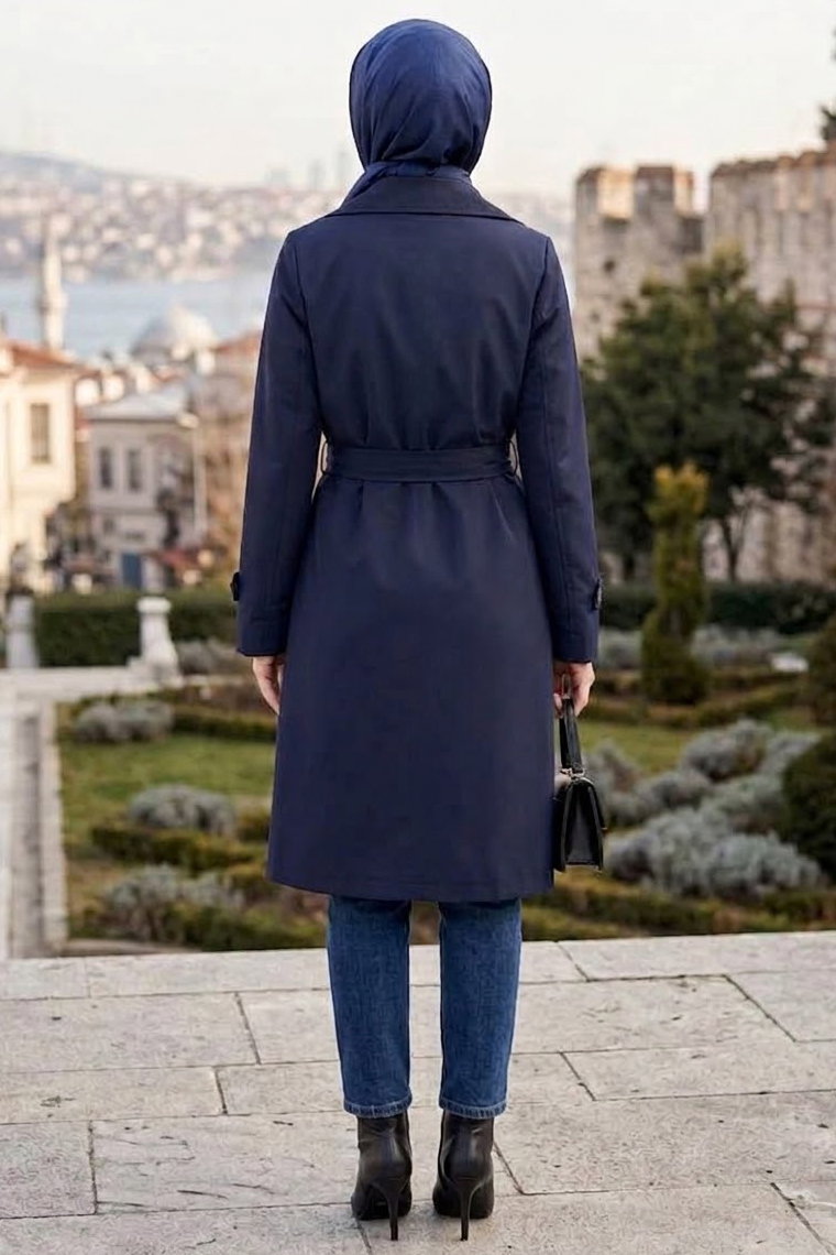 Düğme Detaylı Trenç Kap Lacivert - 28956-LACIVERT - 3