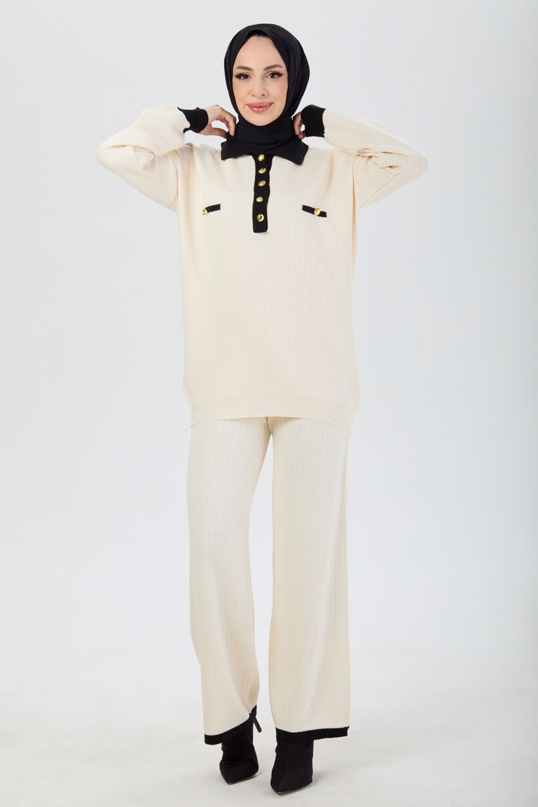 Düğme Detaylı Triko İkili Takım - 27726-KREM - TOFİSA