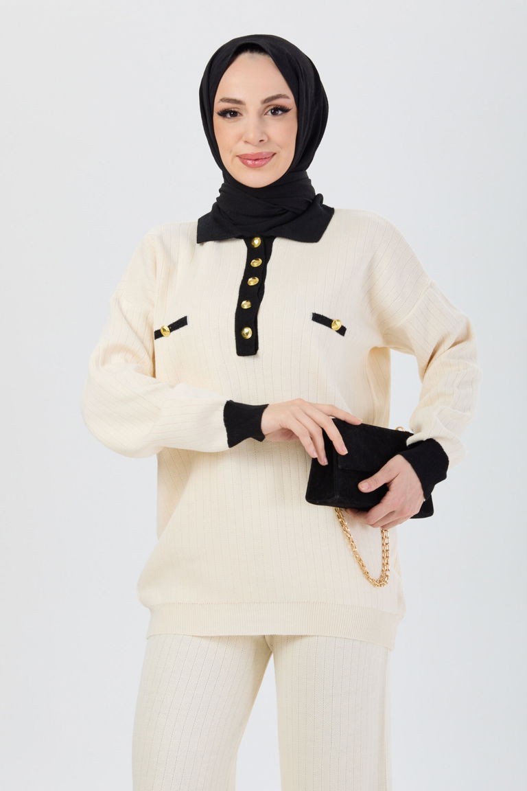 Düğme Detaylı Triko İkili Takım - 27726-KREM - TOFİSA