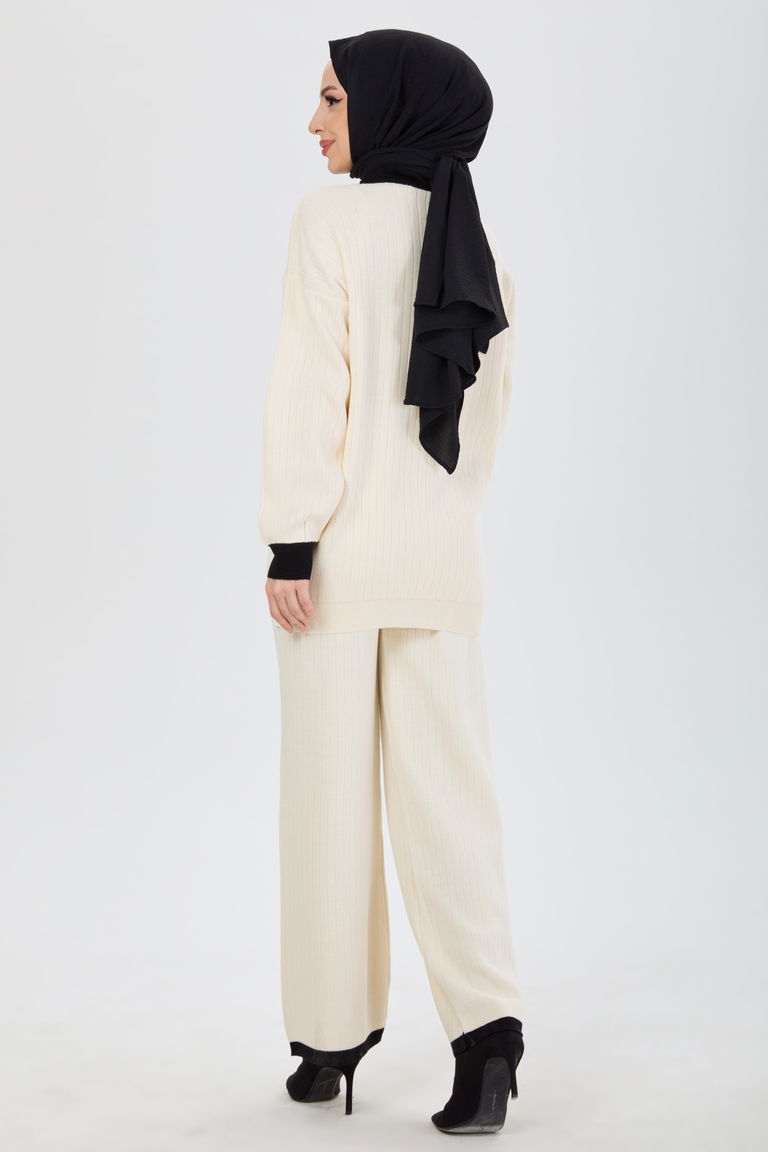 Düğme Detaylı Triko İkili Takım - 27726-KREM - TOFİSA