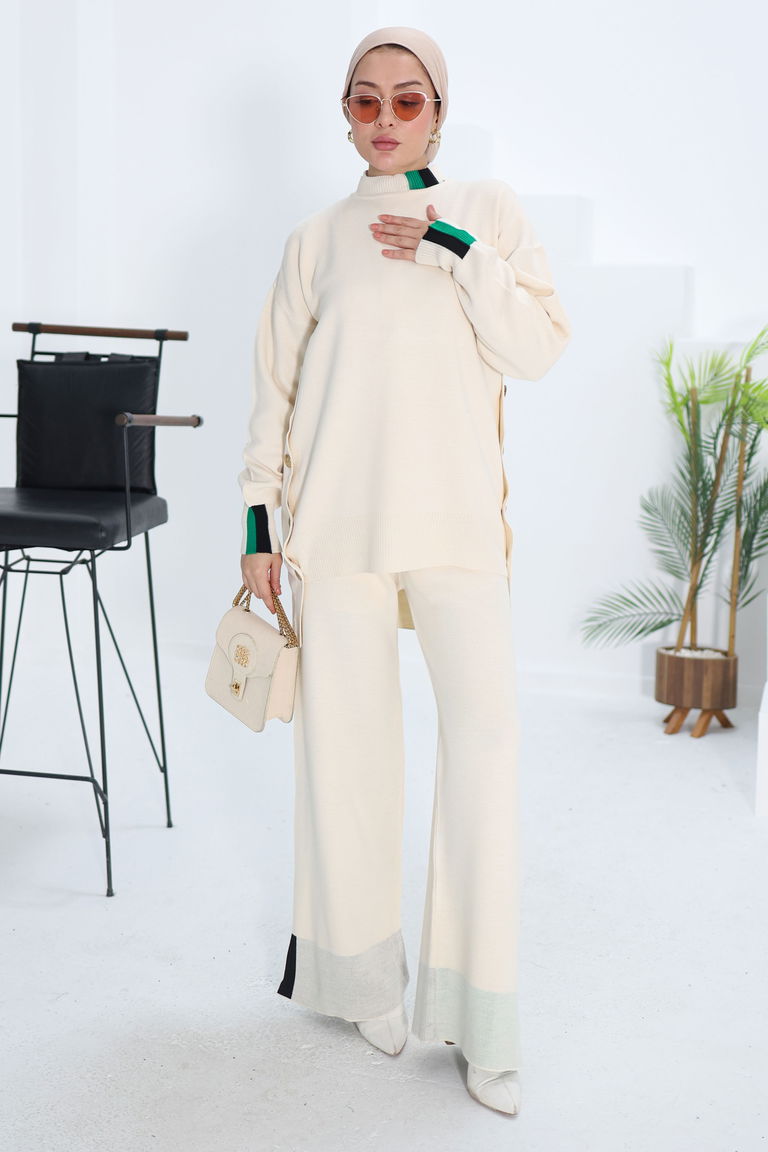 Düğme Detaylı Triko Takım - 27722-KREM - TOFİSA