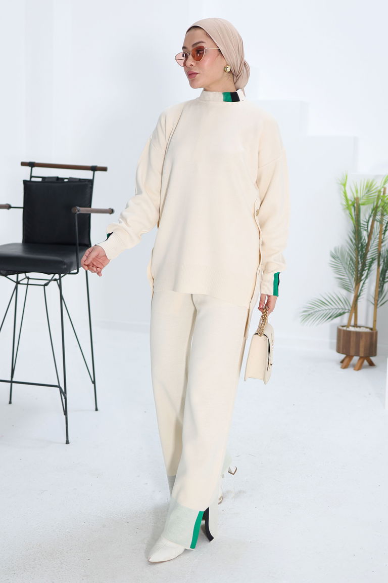 Düğme Detaylı Triko Takım - 27722-KREM - TOFİSA