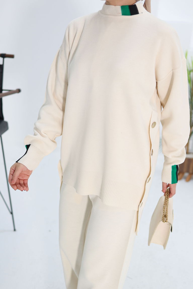 Düğme Detaylı Triko Takım - 27722-KREM - TOFİSA