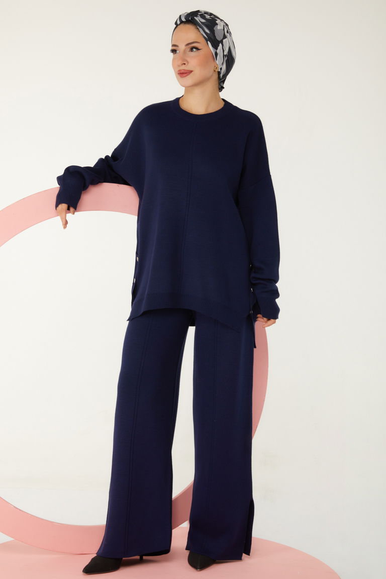 Düğme Detaylı Triko Takım - 27731-LACIVERT - TOFİSA