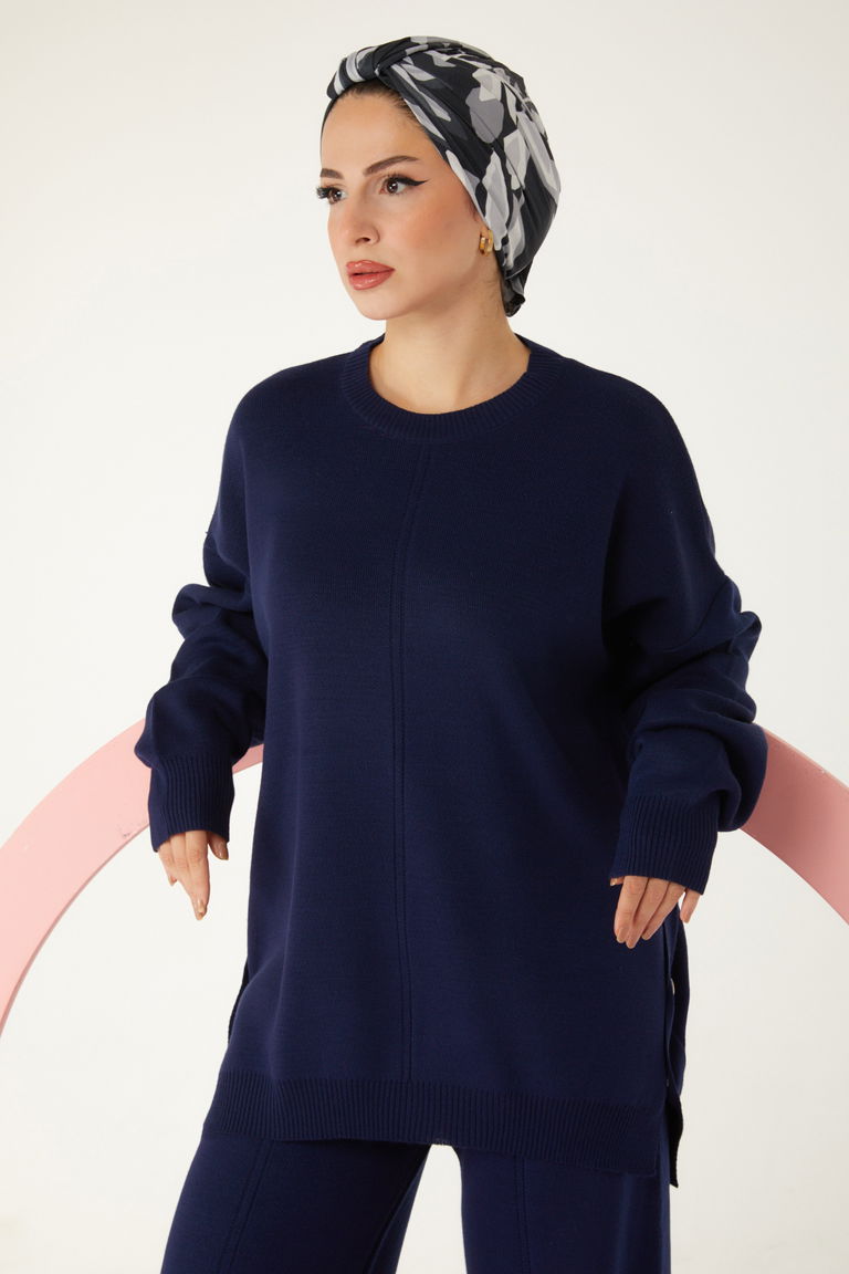 Düğme Detaylı Triko Takım - 27731-LACIVERT - TOFİSA