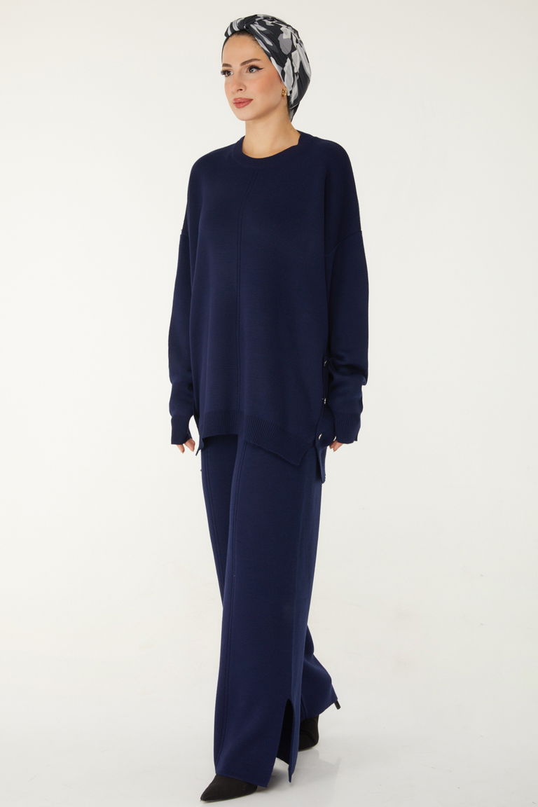 Düğme Detaylı Triko Takım - 27731-LACIVERT - TOFİSA