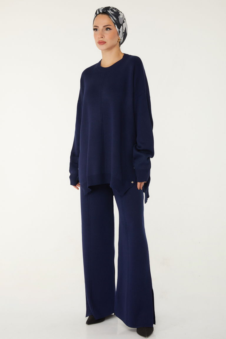 Düğme Detaylı Triko Takım - 27731-LACIVERT - TOFİSA
