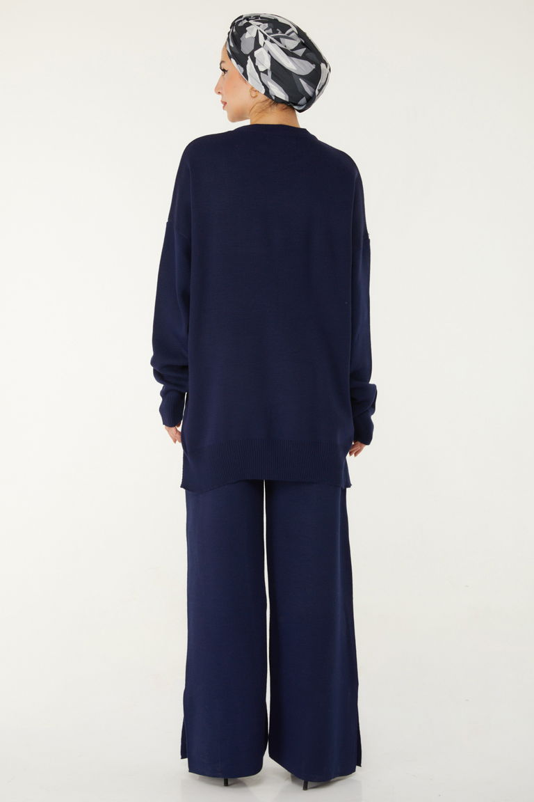 Düğme Detaylı Triko Takım - 27731-LACIVERT - TOFİSA