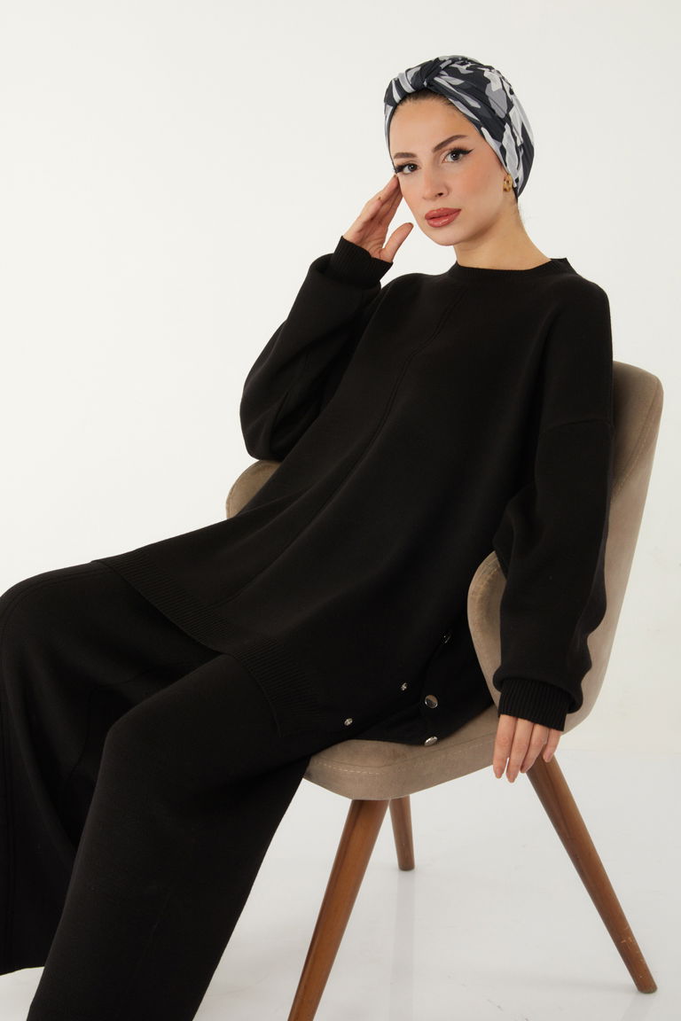 Düğme Detaylı Triko Takım - 27731-SIYAH - TOFİSA
