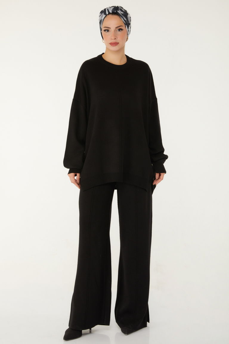 Düğme Detaylı Triko Takım - 27731-SIYAH - TOFİSA