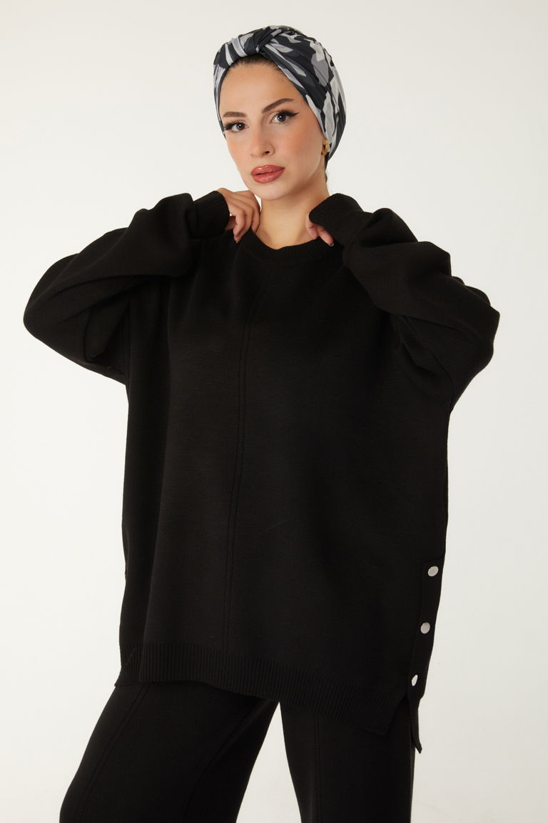 Düğme Detaylı Triko Takım - 27731-SIYAH - TOFİSA