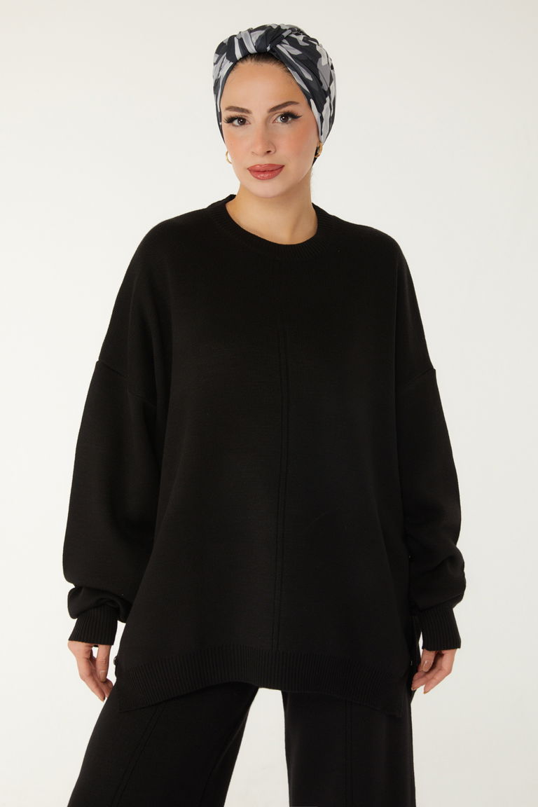 Düğme Detaylı Triko Takım - 27731-SIYAH - TOFİSA