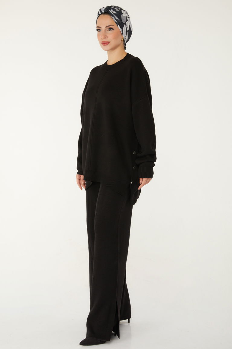 Düğme Detaylı Triko Takım - 27731-SIYAH - TOFİSA