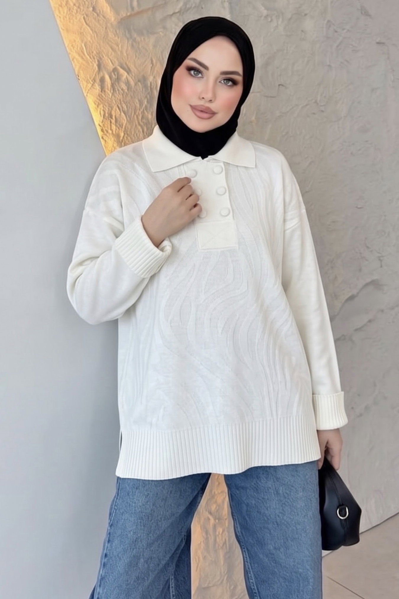 Düğme Detaylı Triko Tunik Ekru - 29285-EKRU - 1