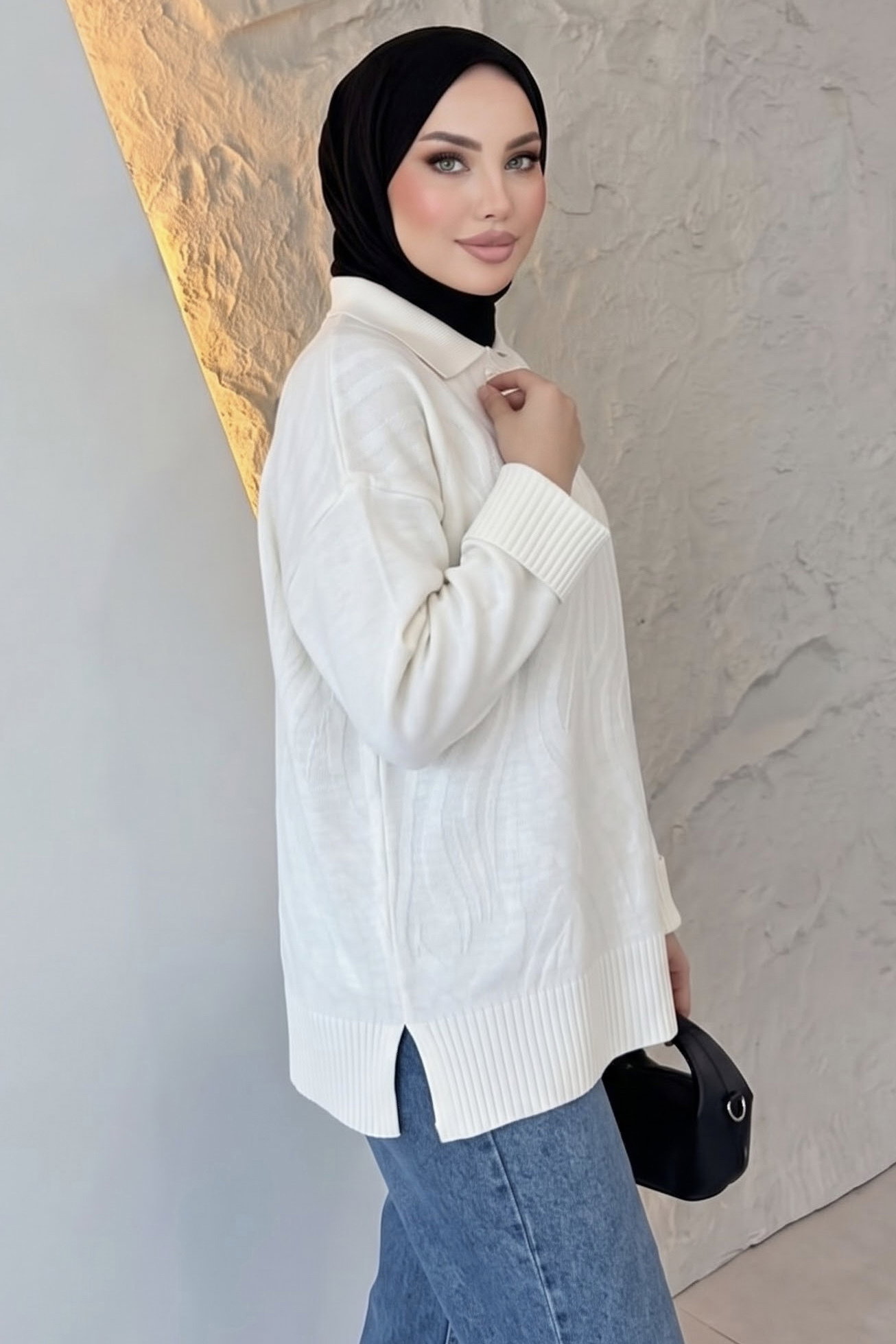 Düğme Detaylı Triko Tunik Ekru - 29285-EKRU - 2