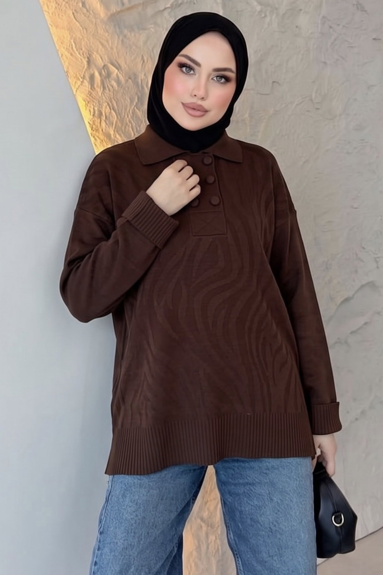 Düğme Detaylı Triko Tunik Kahve - 29285-KAHVE - 1