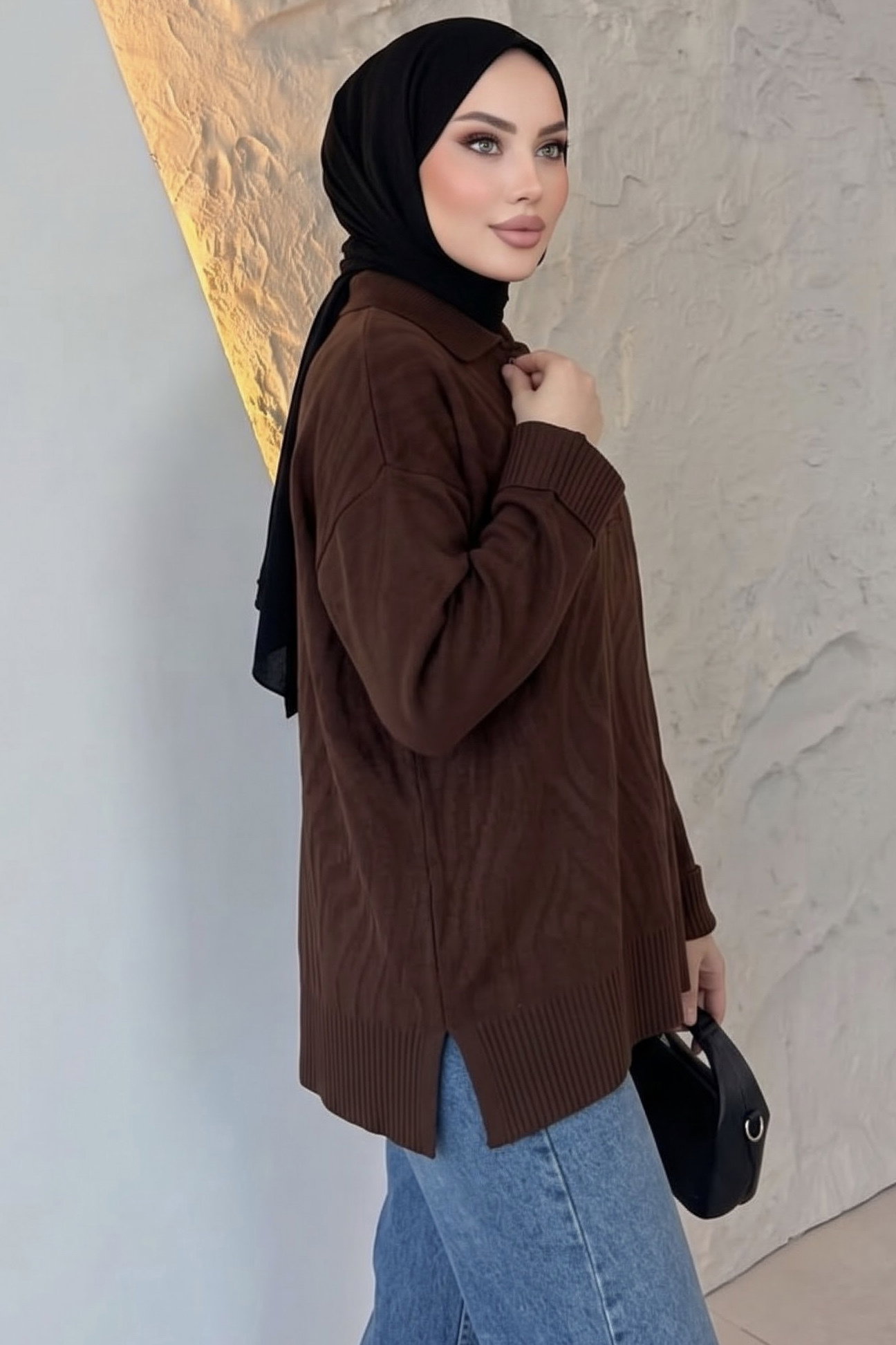 Düğme Detaylı Triko Tunik Kahve - 29285-KAHVE - 2