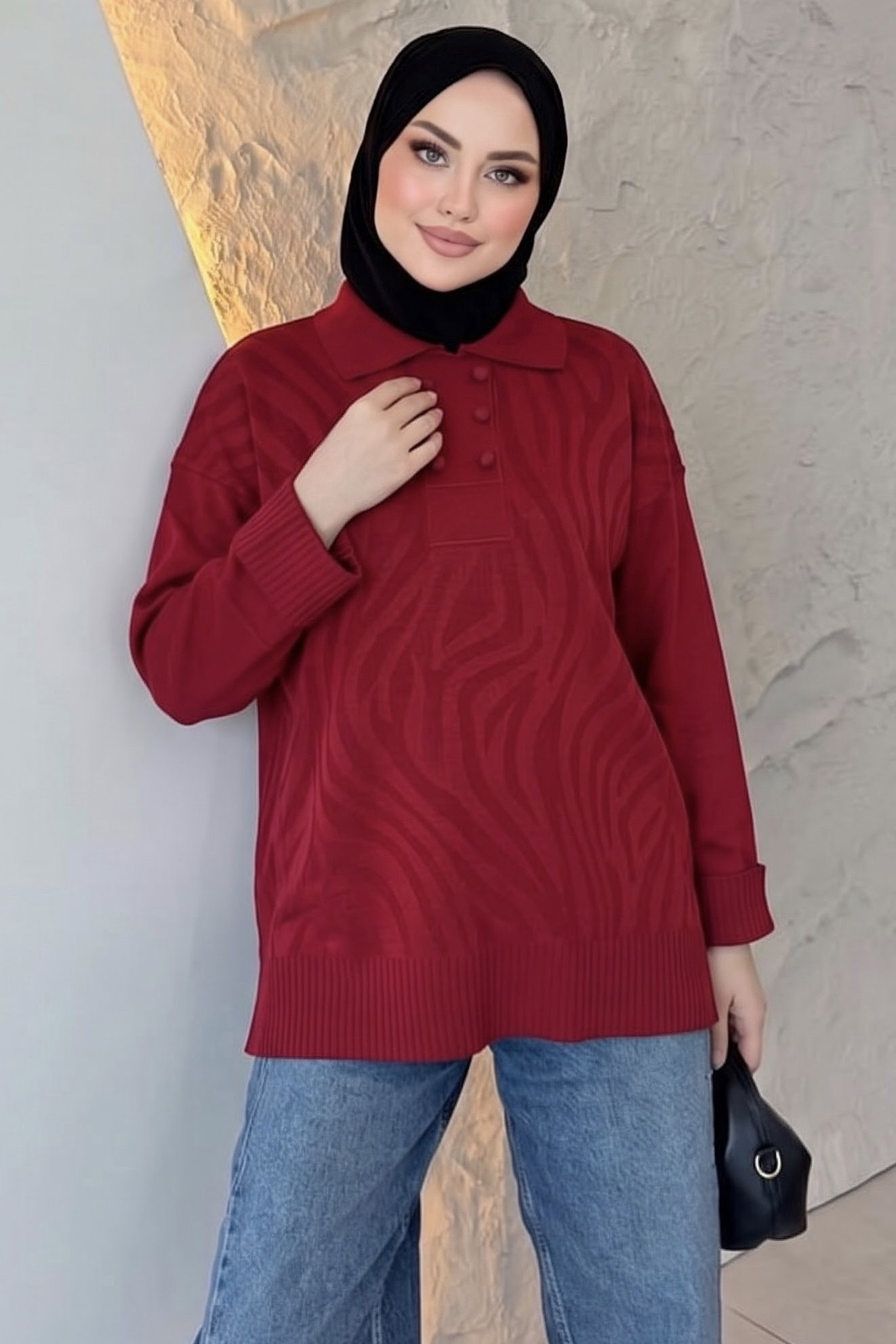 Düğme Detaylı Triko Tunik Kirmizi - 29285-KIRMIZI - 1