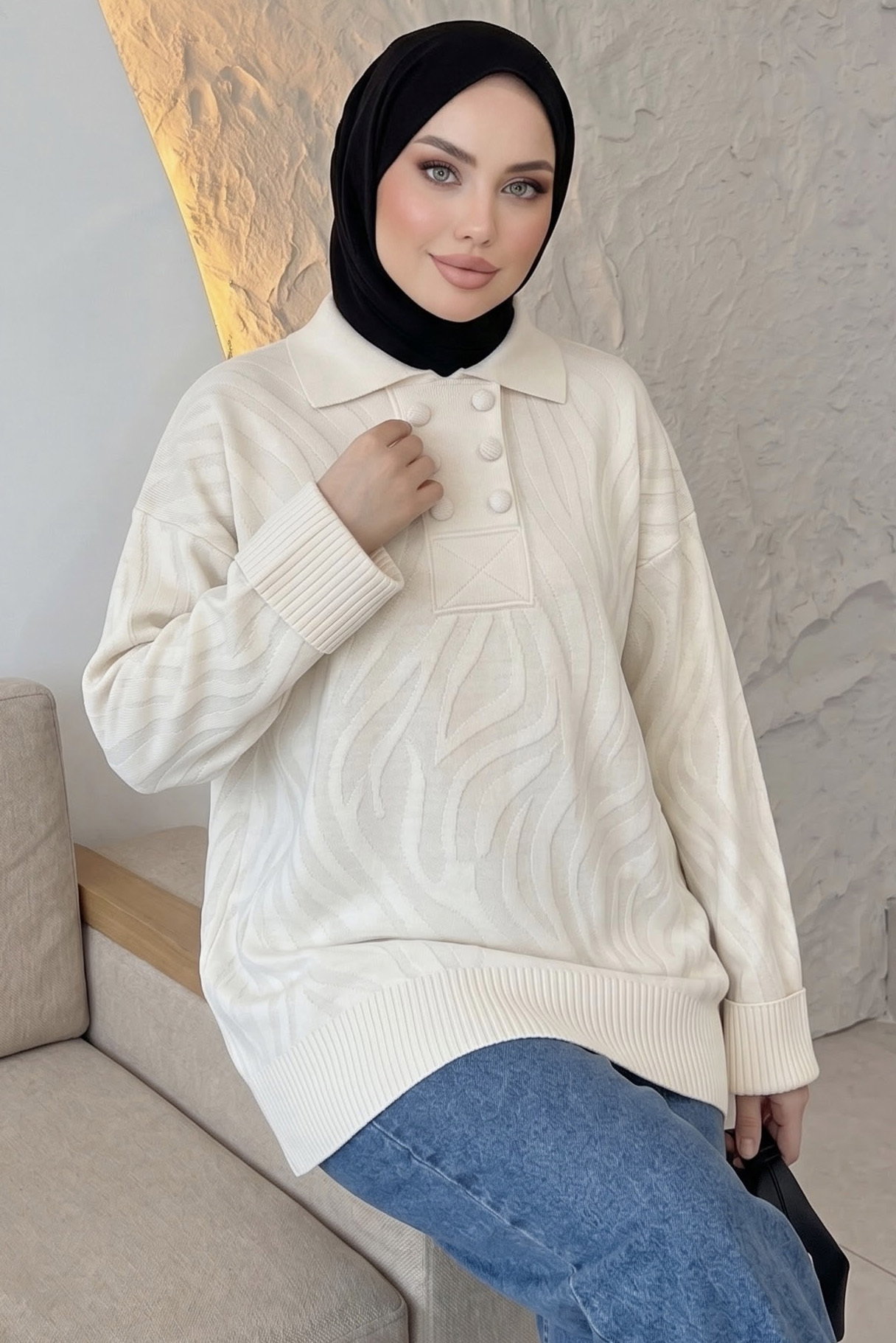 Düğme Detaylı Triko Tunik Krem - 29285-KREM - 1