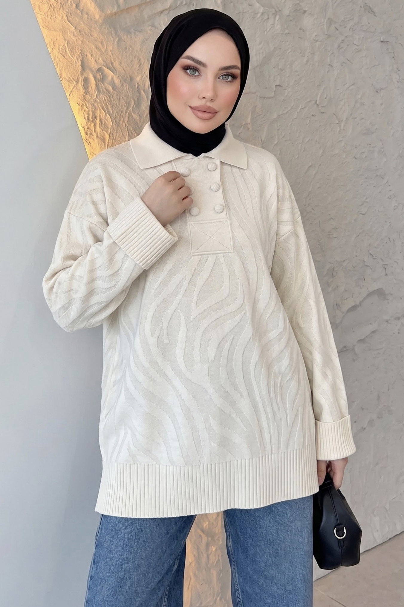 Düğme Detaylı Triko Tunik Krem - 29285-KREM - 2