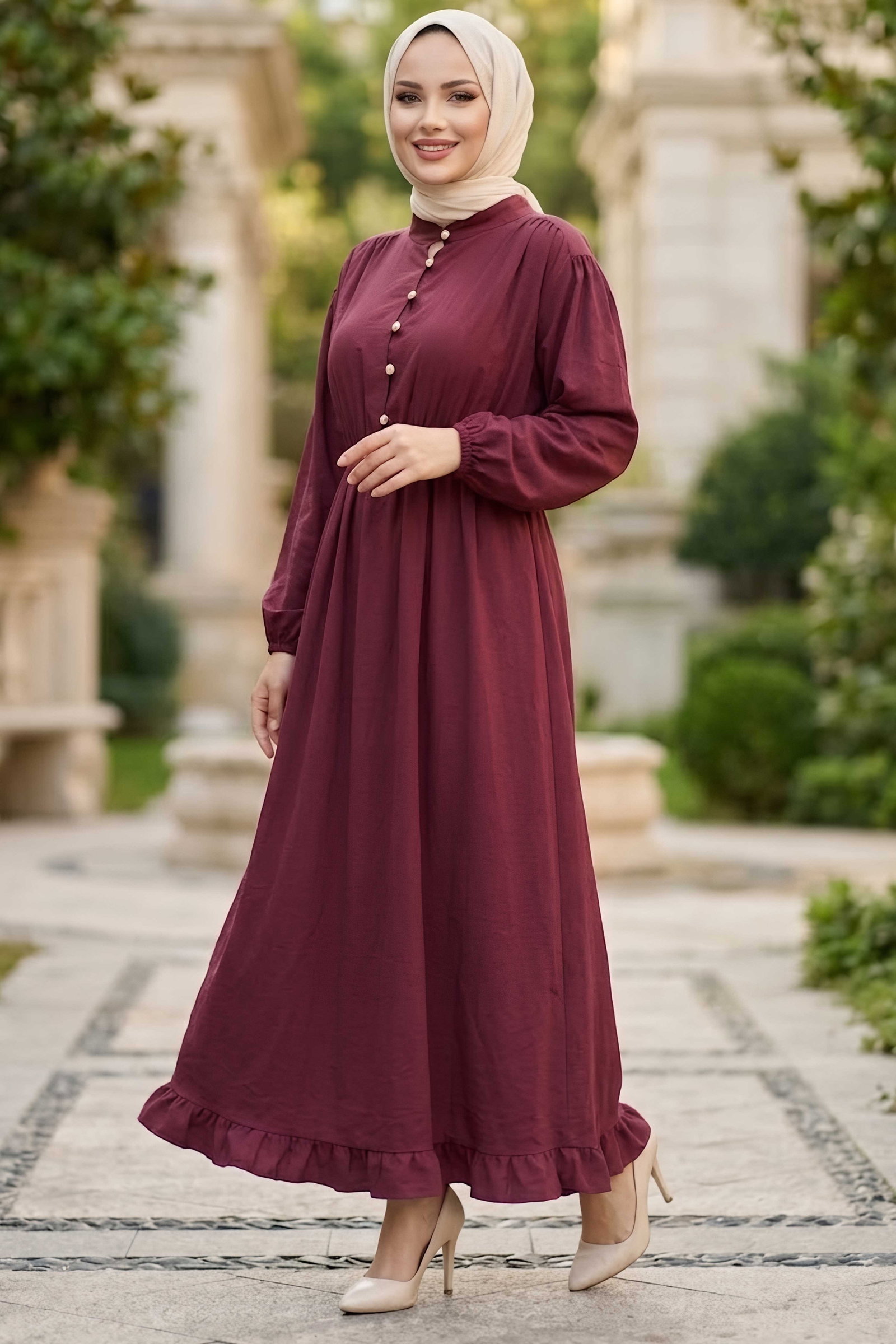 Düğmeli Beli Lastikli Kupra Elbise Bordo - 28963-BORDO - 1