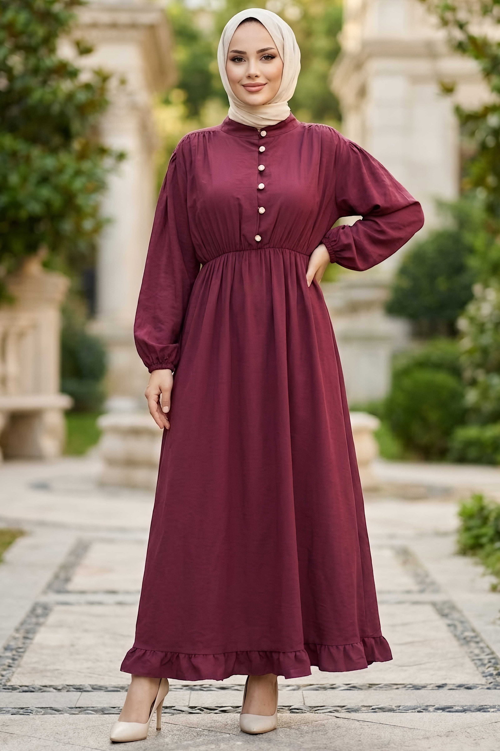 Düğmeli Beli Lastikli Kupra Elbise Bordo - 28963-BORDO - 3