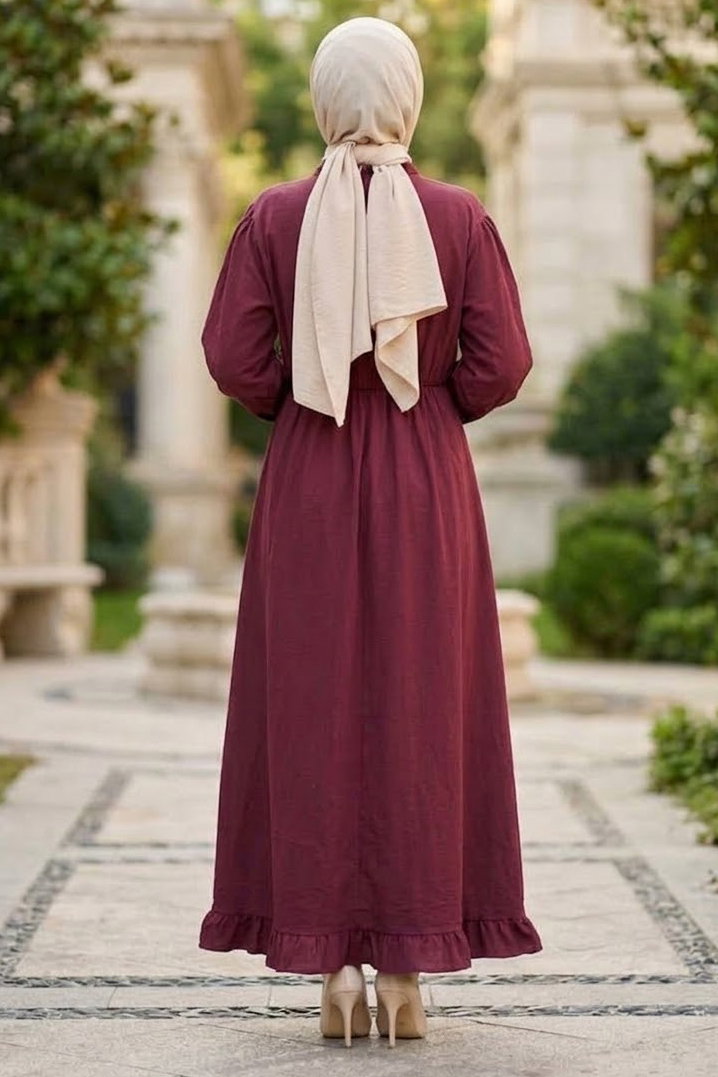 Düğmeli Beli Lastikli Kupra Elbise Bordo - 28963-BORDO - 2