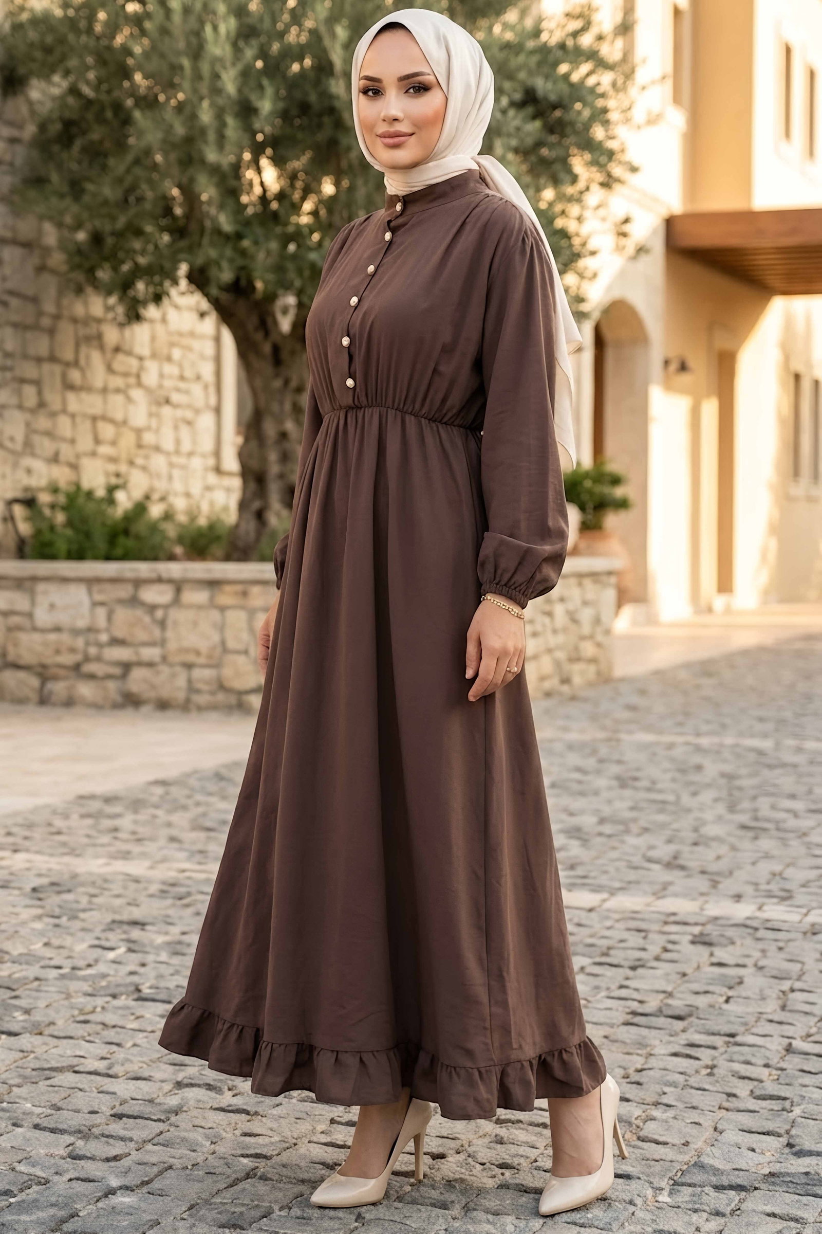 Düğmeli Beli Lastikli Kupra Elbise Kahve - 28963-KAHVE - 1