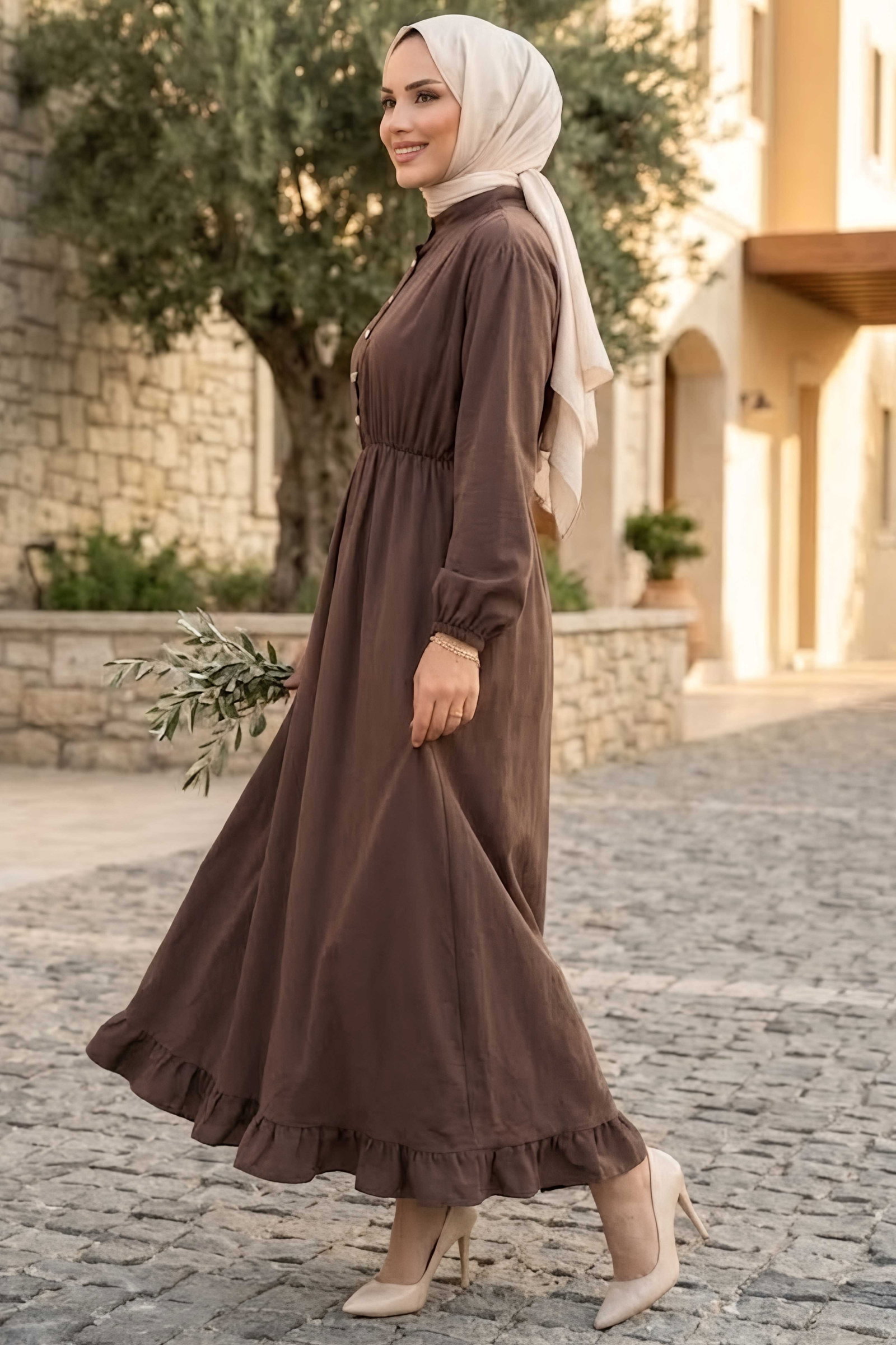 Düğmeli Beli Lastikli Kupra Elbise Kahve - 28963-KAHVE - 2