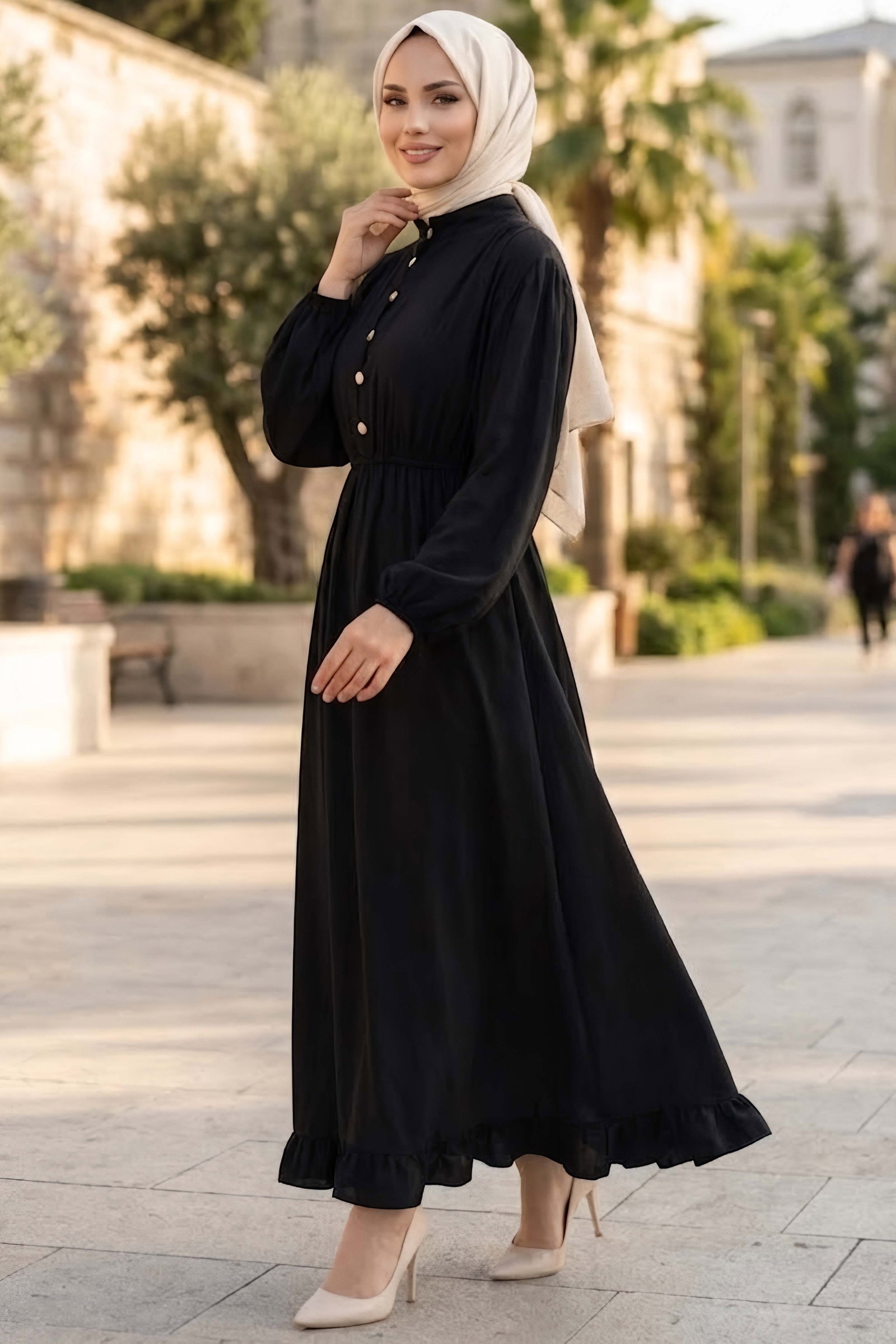 Düğmeli Beli Lastikli Kupra Elbise Siyah - 28963-SIYAH - 1