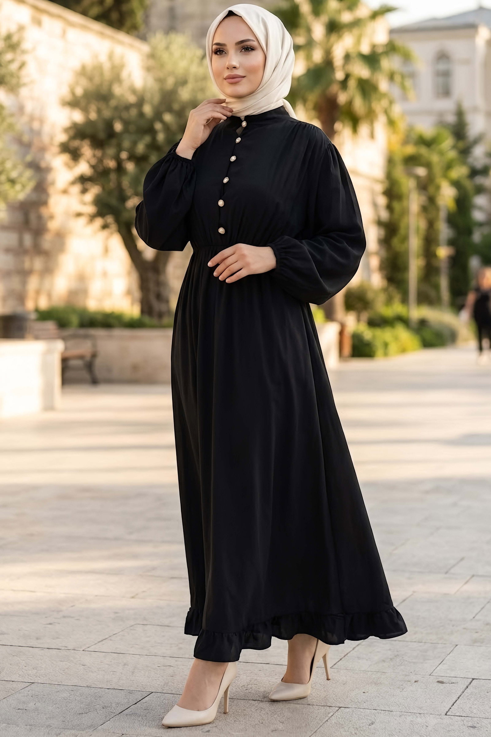 Düğmeli Beli Lastikli Kupra Elbise Siyah - 28963-SIYAH - 2