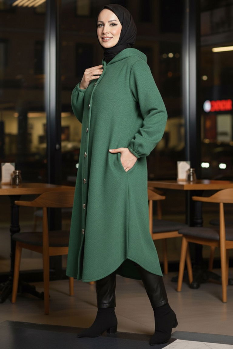 Düğmeli Bileği Lastikli Kaşe - 28027-ZUMRUT - TOFİSA