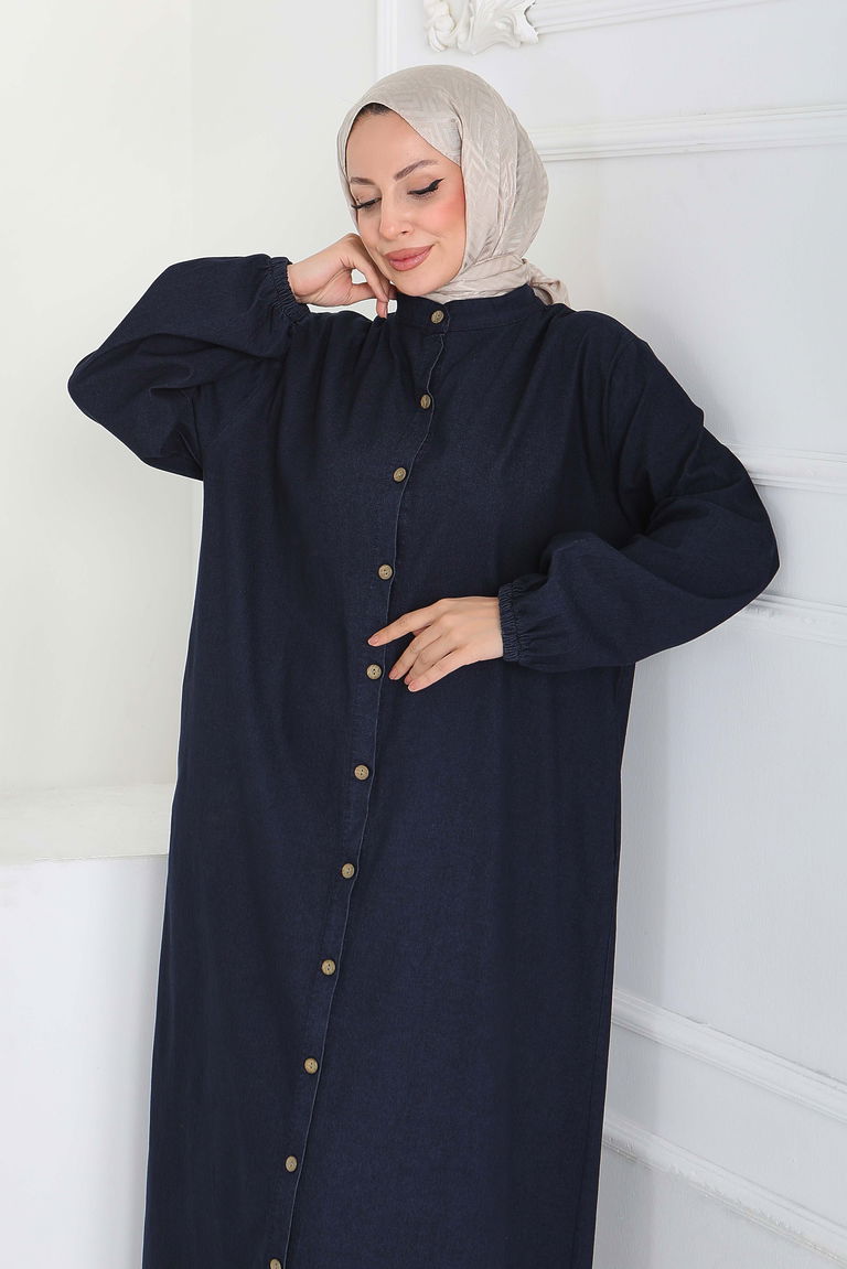 Düğmeli Bileği Lastikli Kot Ferace- 27865-KOYU-LACIVERT - TOFİSA