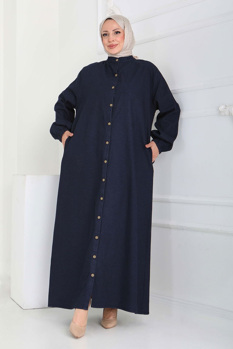 Düğmeli Bileği Lastikli Kot Ferace- 27865-KOYU-LACIVERT - TOFİSA