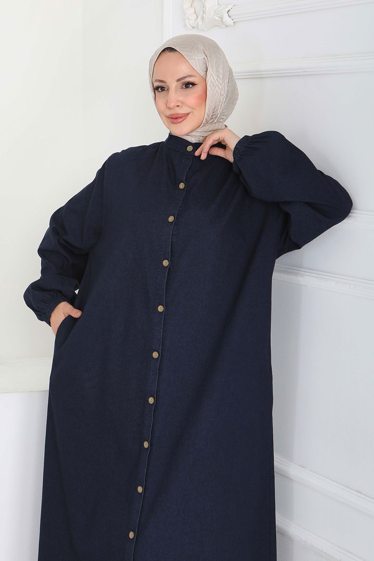 Düğmeli Bileği Lastikli Kot Ferace- 27865-KOYU-LACIVERT - TOFİSA