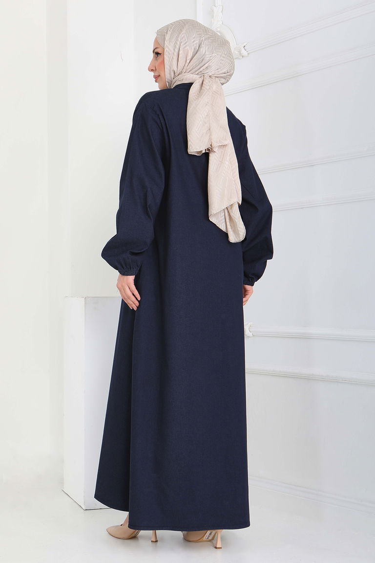 Düğmeli Bileği Lastikli Kot Ferace- 27865-KOYU-LACIVERT - TOFİSA