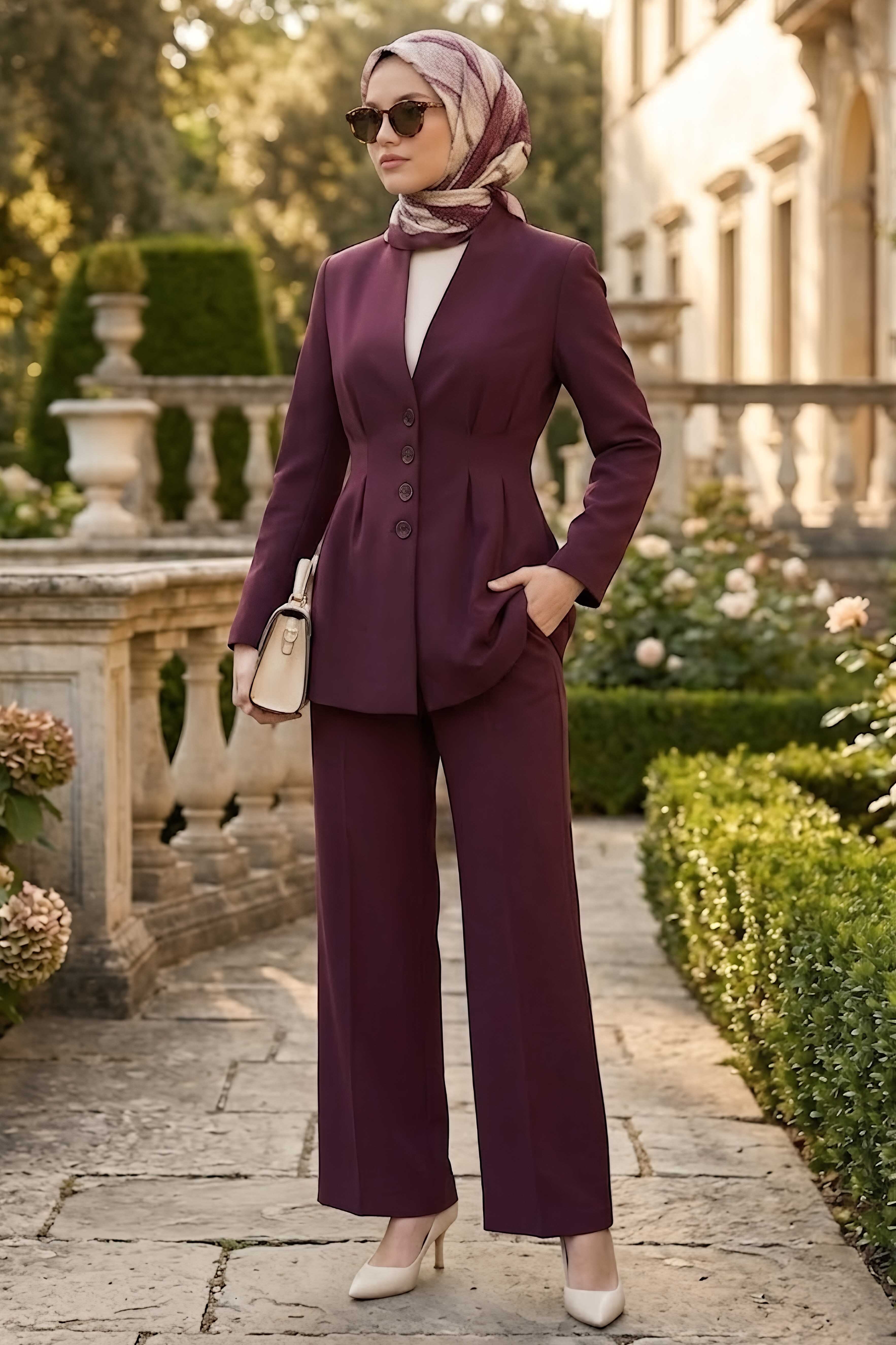 Düğmeli Ceket Pantolon İkili Takım Bordo - 28657-BORDO - 2