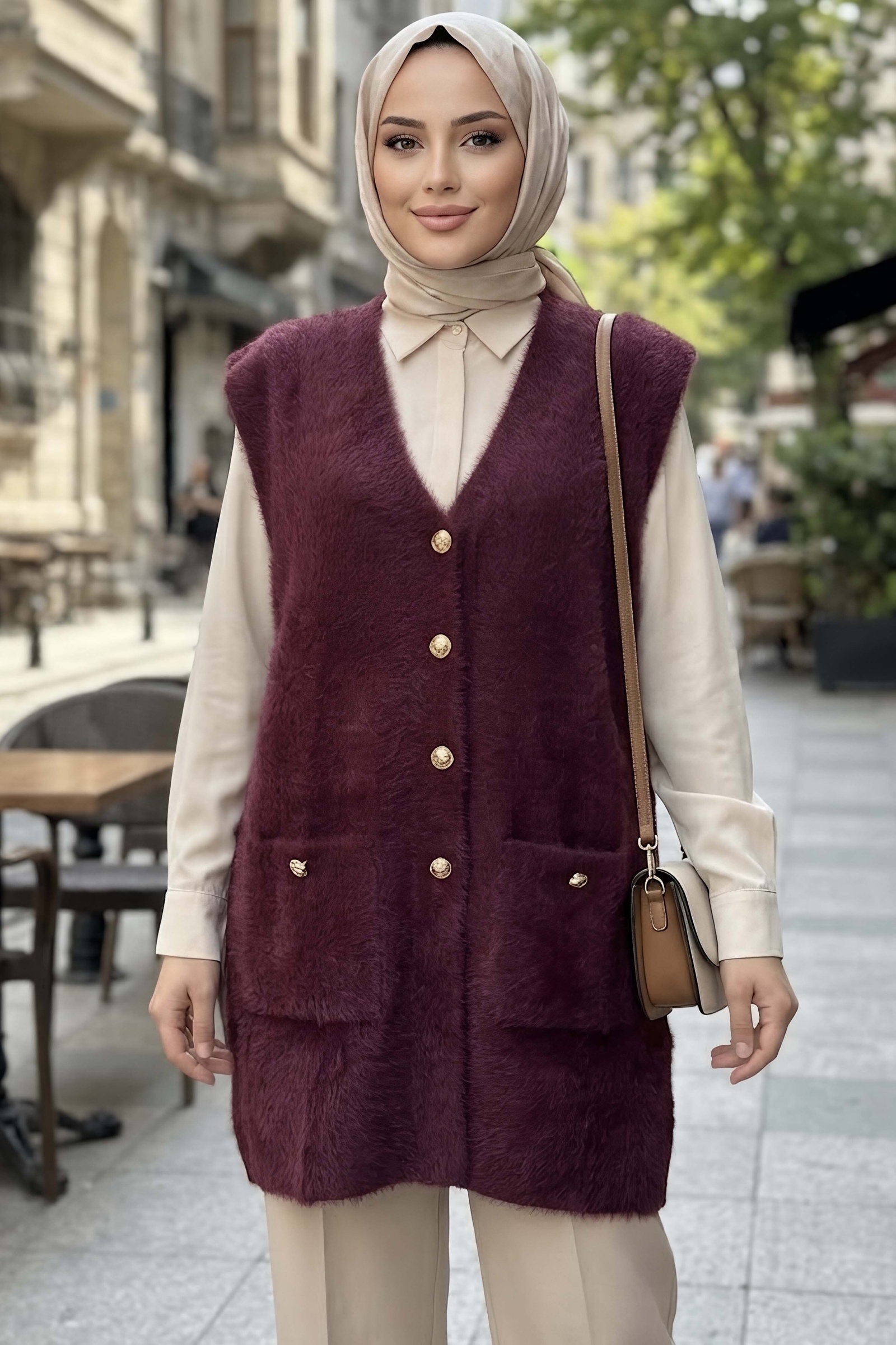 Düğmeli Cepli Triko Hırka Bordo - 29222-BORDO - 1